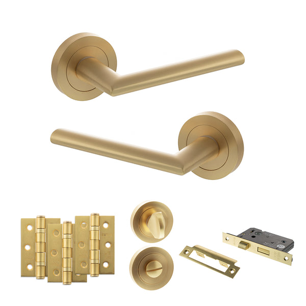 STATUS Alabama Door Handle Pack (Bathroom Set - 2.5" CE Bathroom Lock, 3" Fire Rated Hinges x3) - Satin Brass - ADPS43RSB8 - Choice Handles