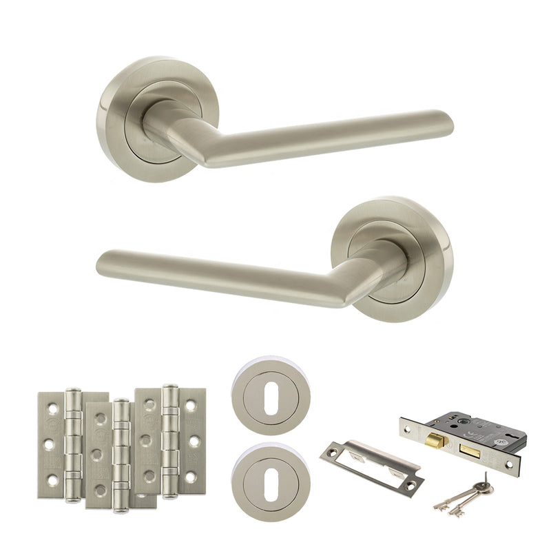 STATUS Alabama Door Handle Pack (3 Lever Lock Set - 2.5" CE Sashlock, 3" Fire Rated Hinges x3) - Satin Nickel - ADPS43RSN14 - Choice Handles