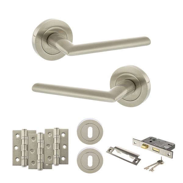 STATUS Alabama Door Handle Pack (3 Lever Lock Set - 3" CE Sashlock, 3" Fire Rated Hinges x3) - Satin Nickel - ADPS43RSN15 - Choice Handles