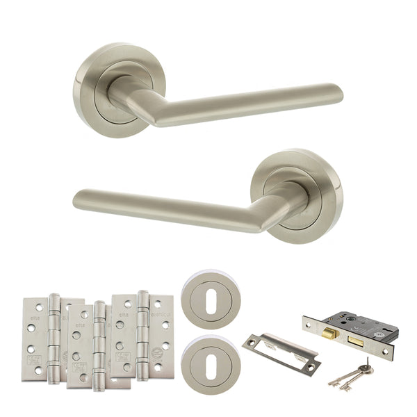 STATUS Alabama Door Handle Pack (3 Lever Lock Set - 2.5" CE Sashlock, 4" Fire Rated Hinges x3) - Satin Nickel - ADPS43RSN16 - Choice Handles