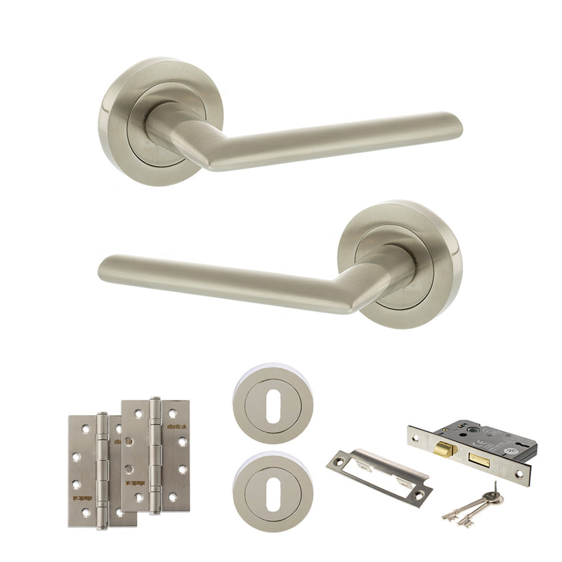 STATUS Alabama Door Handle Pack (3 Lever Lock Set - 2.5" CE Sashlock, 4" Slim Knuckle Hinges x2) - Satin Nickel - ADPS43RSN18 - Choice Handles