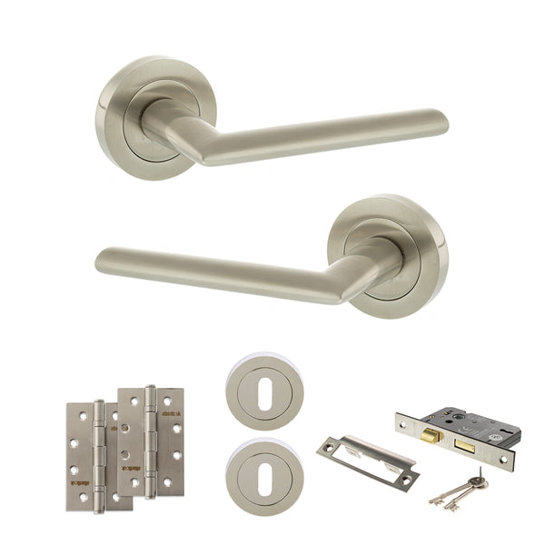 STATUS Alabama Door Handle Pack (3 Lever Lock Set - 3" CE Sashlock, 4" Slim Knuckle Hinges x2) - Satin Nickel - ADPS43RSN19 - Choice Handles