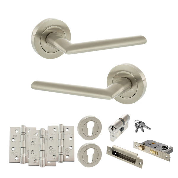 STATUS Alabama Door Handle Pack (Euro Lock Set - 2.5" CE Sashlock, 4" Fire Rated Hinges x3) - Satin Nickel - ADPS43RSN22 - Choice Handles