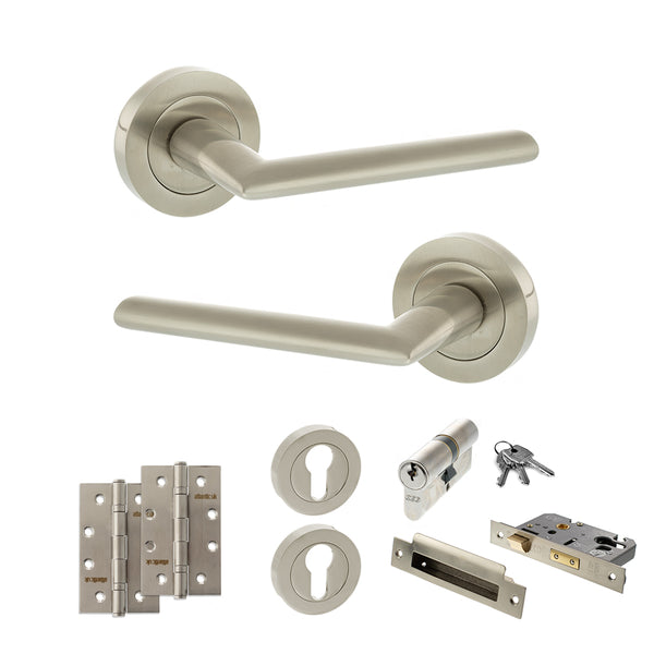 STATUS Alabama Door Handle Pack (Euro Lock Set - 2.5" CE Sashlock, 4" Slim Knuckle Hinges x2) - Satin Nickel - ADPS43RSN24 - Choice Handles