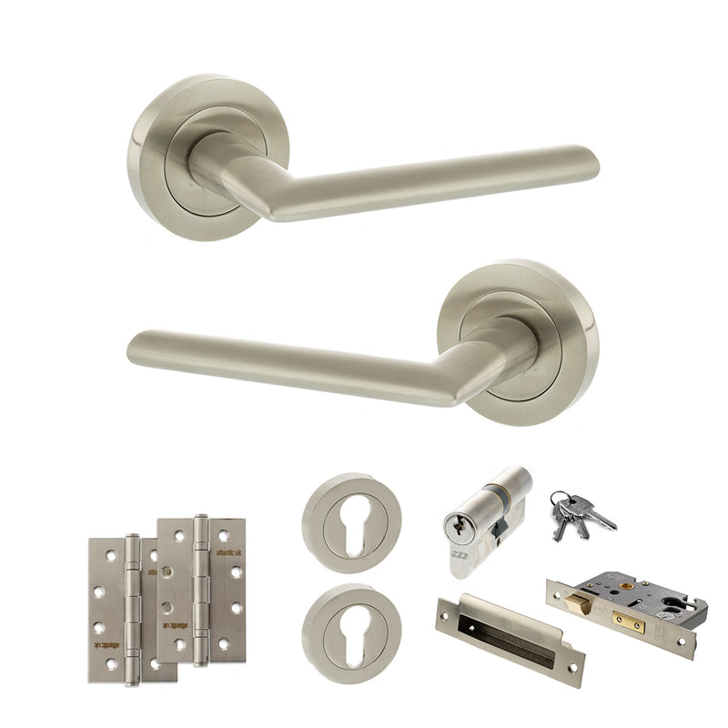 STATUS Alabama Door Handle Pack (Euro Lock Set - 3" CE Sashlock, 4" Slim Knuckle Hinges x2) - Satin Nickel - ADPS43RSN25 - Choice Handles