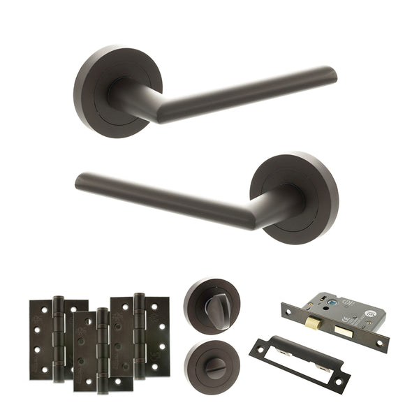 STATUS Alabama Door Handle Pack (Bathroom Set - 3" CE Bathroom Lock, 4" Fire Rated Hinges x3) - Urban Dark Bronze - ADPS43RUDB11 - Choice Handles