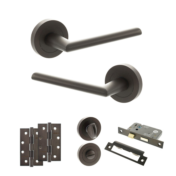 STATUS Alabama Door Handle Pack (Bathroom Set - 2.5" CE Bathroom Lock, 4" Slim Knuckle Hinges x2) - Urban Dark Bronze - ADPS43RUDB12 - Choice Handles
