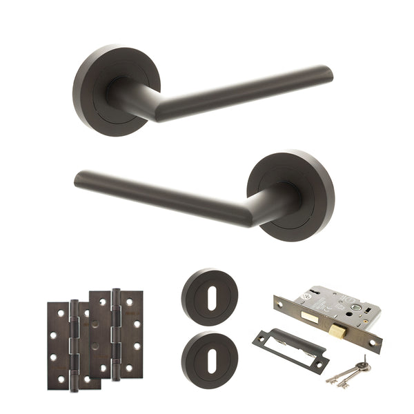STATUS Alabama Door Handle Pack (3 Lever Lock Set - 2.5" CE Sashlock, 4" Slim Knuckle Hinges x2) - Urban Dark Bronze - ADPS43RUDB18 - Choice Handles