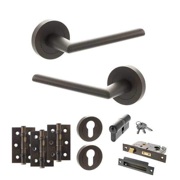 STATUS Alabama Door Handle Pack (Euro Lock Set - 2.5" CE Sashlock, 3" Fire Rated Hinges x3) - Urban Dark Bronze - ADPS43RUDB20 - Choice Handles
