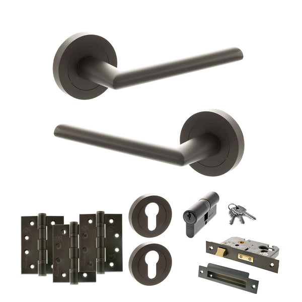 STATUS Alabama Door Handle Pack (Euro Lock Set - 2.5" CE Sashlock, 4" Fire Rated Hinges x3) - Urban Dark Bronze - ADPS43RUDB22 - Choice Handles