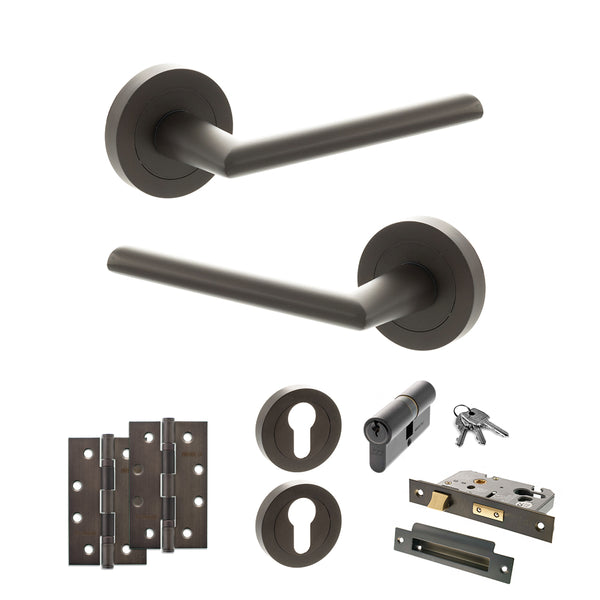 STATUS Alabama Door Handle Pack (Euro Lock Set - 2.5" CE Sashlock, 4" Slim Knuckle Hinges x2) - Urban Dark Bronze - ADPS43RUDB24 - Choice Handles