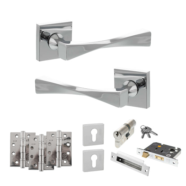 Senza Pari Guido Door Handle Pack (Euro Lock Set - 3" CE Sashlock, 4" Fire Rated Hinges x3) - Polished Chrome - ADPSP190CP23 - Choice Handles
