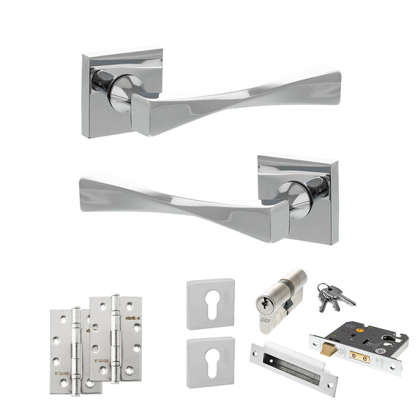 Senza Pari Guido Door Handle Pack (Euro Lock Set - 2.5" CE Sashlock, 4" Slim Knuckle Hinges x2) - Polished Chrome - ADPSP190CP24 - Choice Handles