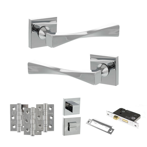 Senza Pari Guido Door Handle Pack (Bathroom Set - 2.5" CE Bathroom Lock, 3" Fire Rated Hinges x3) - Polished Chrome - ADPSP190CP8 - Choice Handles