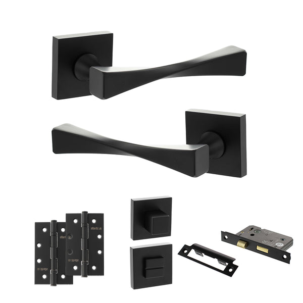 Senza Pari Guido Door Handle Pack (Bathroom Set - 3" CE Bathroom Lock, 4" Slim Knuckle Hinges x2) - Matt Black - ADPSP190MB13 - Choice Handles
