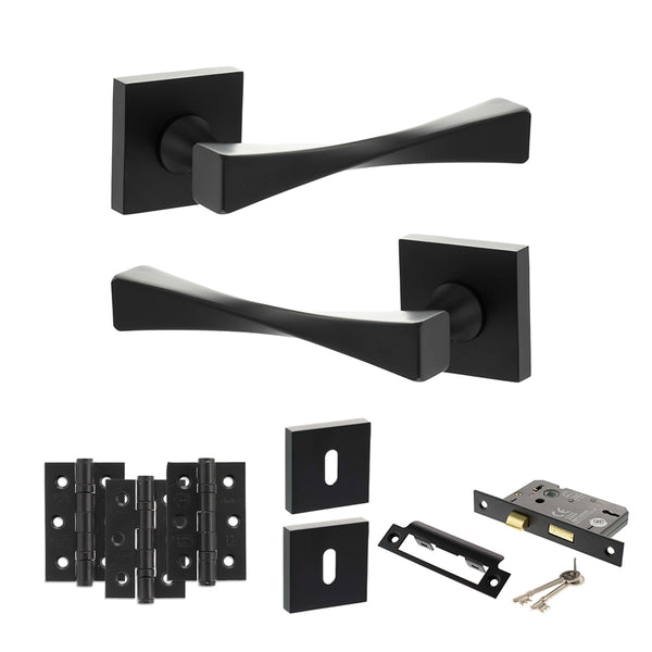 Senza Pari Guido Door Handle Pack (3 Lever Lock Set - 3" CE Sashlock, 3" Fire Rated Hinges x3) - Matt Black - ADPSP190MB15 - Choice Handles