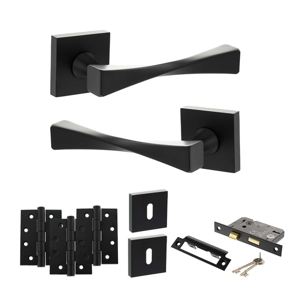 Senza Pari Guido Door Handle Pack (3 Lever Lock Set - 3" CE Sashlock, 4" Fire Rated Hinges x3) - Matt Black - ADPSP190MB17 - Choice Handles