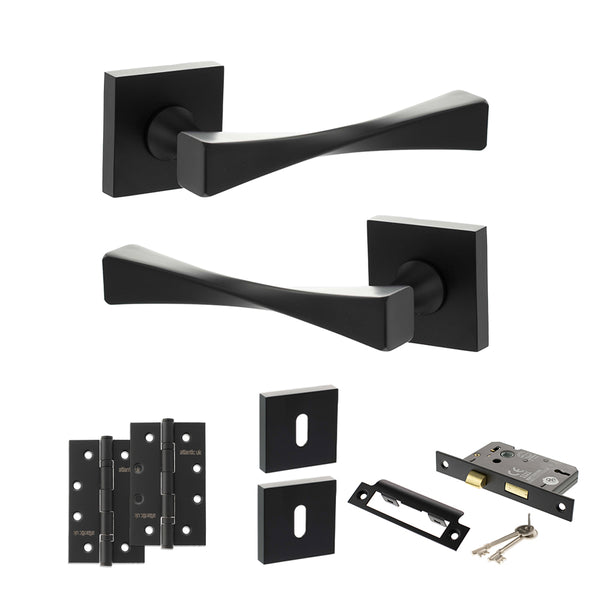 Senza Pari Guido Door Handle Pack (3 Lever Lock Set - 2.5" CE Sashlock, 4" Slim Knuckle Hinges x2) - Matt Black - ADPSP190MB18 - Choice Handles
