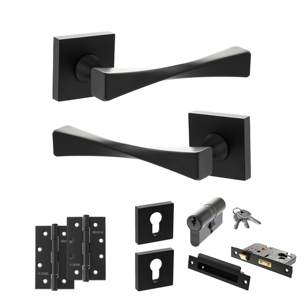 Senza Pari Guido Door Handle Pack (Euro Lock Set - 2.5" CE Sashlock, 4" Slim Knuckle Hinges x2) - Matt Black - ADPSP190MB24 - Choice Handles