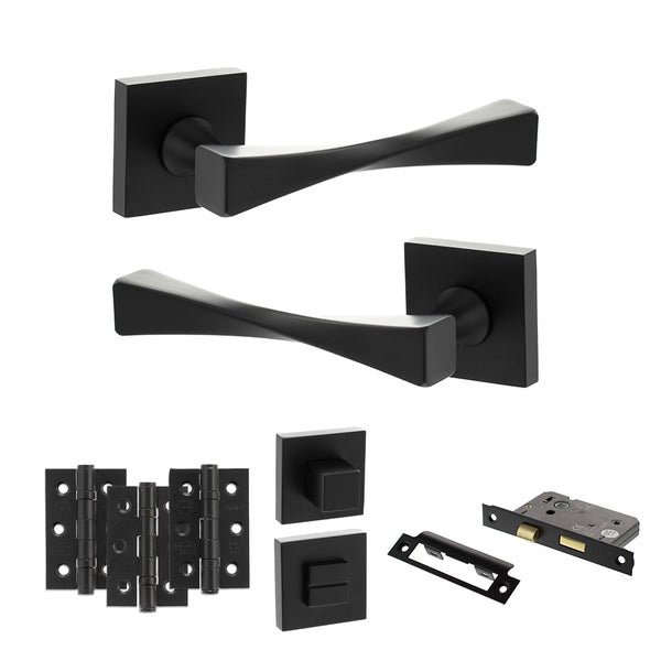 Senza Pari Guido Door Handle Pack (Bathroom Set - 2.5" CE Bathroom Lock, 3" Fire Rated Hinges x3) - Matt Black - ADPSP190MB8 - Choice Handles