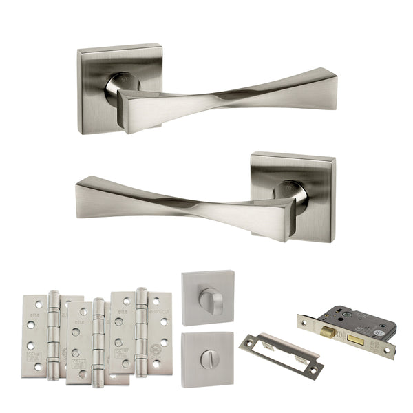 Senza Pari Guido Door Handle Pack (Bathroom Set - 2.5" CE Bathroom Lock, 4" Fire Rated Hinges x3) - Satin Nickel - ADPSP190SN10 - Choice Handles