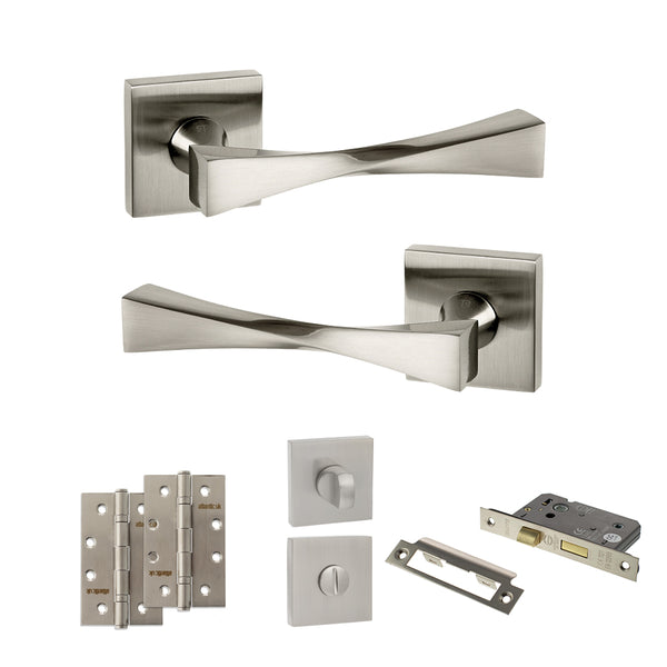 Senza Pari Guido Door Handle Pack (Bathroom Set - 2.5" CE Bathroom Lock, 4" Slim Knuckle Hinges x2) - Satin Nickel - ADPSP190SN12 - Choice Handles