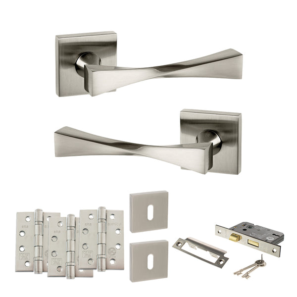 Senza Pari Guido Door Handle Pack (3 Lever Lock Set - 3" CE Sashlock, 4" Fire Rated Hinges x3) - Satin Nickel - ADPSP190SN17 - Choice Handles