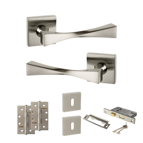 Senza Pari Guido Door Handle Pack (3 Lever Lock Set - 3" CE Sashlock, 4" Slim Knuckle Hinges x2) - Satin Nickel - ADPSP190SN19 - Choice Handles