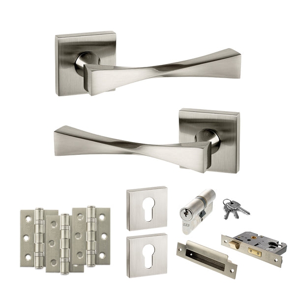 Senza Pari Guido Door Handle Pack (Euro Lock Set - 3" CE Sashlock, 3" Fire Rated Hinges x3) - Satin Nickel - ADPSP190SN21 - Choice Handles