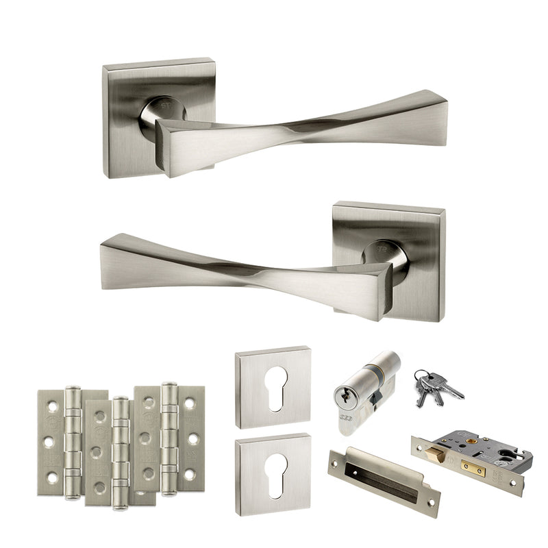 Senza Pari Guido Door Handle Pack (Euro Lock Set - 3" CE Sashlock, 3" Fire Rated Hinges x3) - Satin Nickel - ADPSP190SN21 - Choice Handles