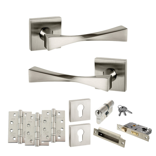 Senza Pari Guido Door Handle Pack (Euro Lock Set - 2.5" CE Sashlock, 4" Fire Rated Hinges x3) - Satin Nickel - ADPSP190SN22 - Choice Handles