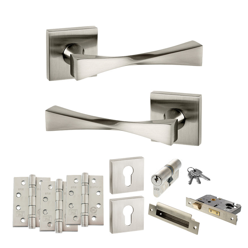 Senza Pari Guido Door Handle Pack (Euro Lock Set - 2.5" CE Sashlock, 4" Fire Rated Hinges x3) - Satin Nickel - ADPSP190SN22 - Choice Handles