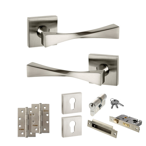 Senza Pari Guido Door Handle Pack (Euro Lock Set - 2.5" CE Sashlock, 4" Slim Knuckle Hinges x2) - Satin Nickel - ADPSP190SN24 - Choice Handles