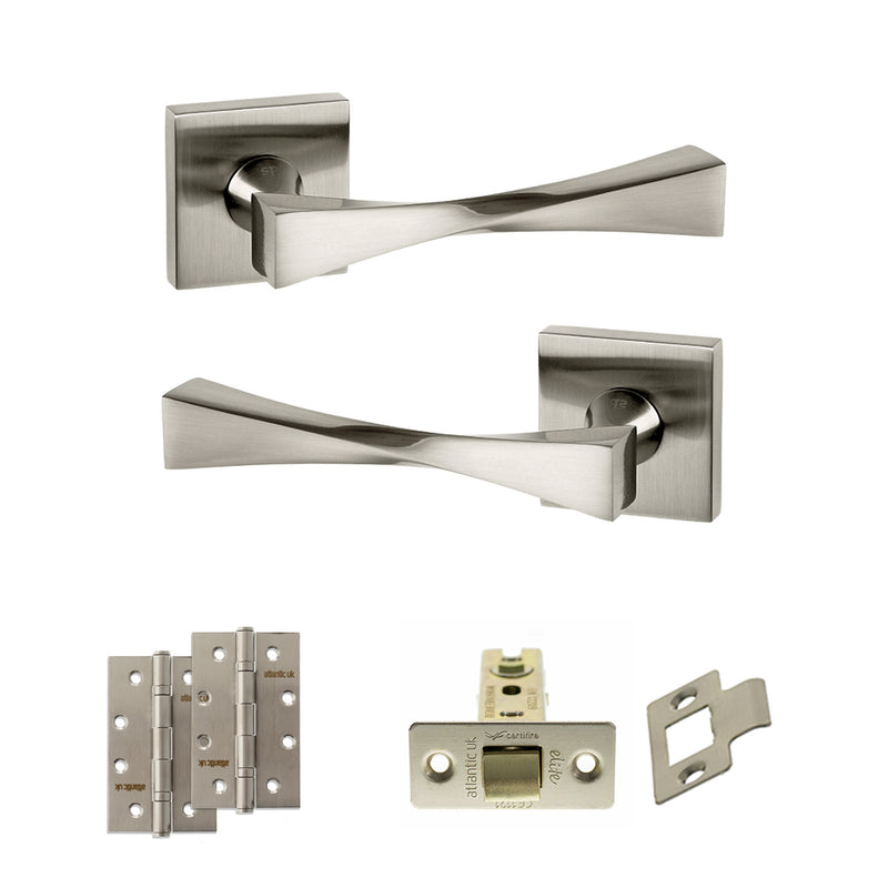 Senza Pari Guido Door Handle Pack (Latch Set - 2.5" CE Latch, 4" Slim Knuckle Hinges x2) - Satin Nickel - ADPSP190SN5 - Choice Handles