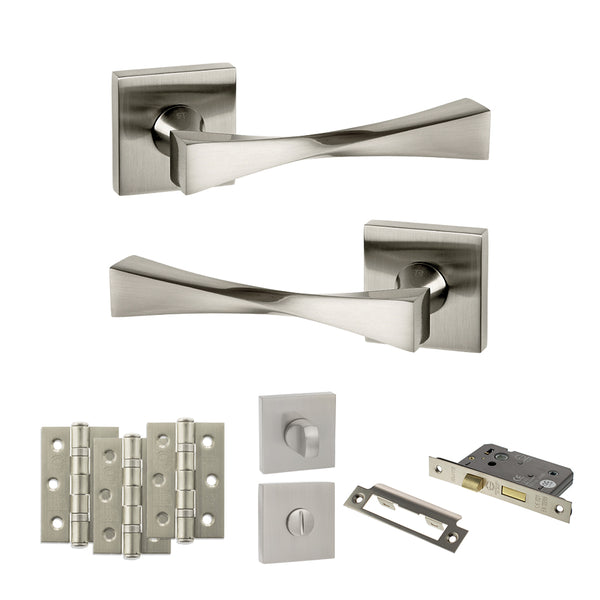 Senza Pari Guido Door Handle Pack (Bathroom Set - 2.5" CE Bathroom Lock, 3" Fire Rated Hinges x3) - Satin Nickel - ADPSP190SN8 - Choice Handles
