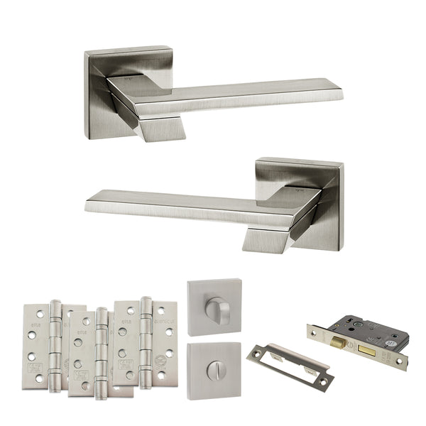 Senza Pari Giovanni Door Handle Pack (Bathroom Set - 3" CE Bathroom Lock, 4" Fire Rated Hinges x3) - Satin Nickel - ADPSP203SN11 - Choice Handles