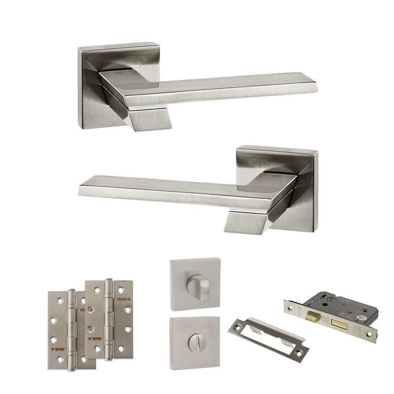 Senza Pari Giovanni Door Handle Pack (Bathroom Set - 2.5" CE Bathroom Lock, 4" Slim Knuckle Hinges x2) - Satin Nickel - ADPSP203SN12