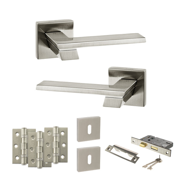 Senza Pari Giovanni Door Handle Pack (3 Lever Lock Set - 2.5" CE Sashlock, 3" Fire Rated Hinges x3) - Satin Nickel - ADPSP203SN14 - Choice Handles