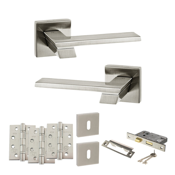 Senza Pari Giovanni Door Handle Pack (3 Lever Lock Set - 2.5" CE Sashlock, 4" Fire Rated Hinges x3) - Satin Nickel - ADPSP203SN16 - Choice Handles