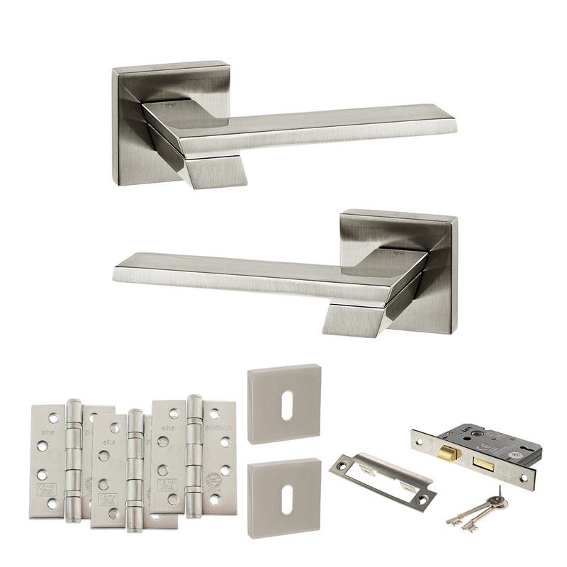 Senza Pari Giovanni Door Handle Pack (3 Lever Lock Set - 3" CE Sashlock, 4" Fire Rated Hinges x3) - Satin Nickel - ADPSP203SN17 - Choice Handles