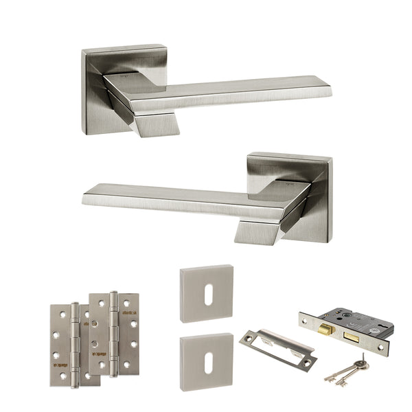Senza Pari Giovanni Door Handle Pack (3 Lever Lock Set - 2.5" CE Sashlock, 4" Slim Knuckle Hinges x2) - Satin Nickel - ADPSP203SN18 - Choice Handles