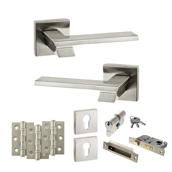 Senza Pari Giovanni Door Handle Pack (Euro Lock Set - 2.5" CE Sashlock, 3" Fire Rated Hinges x3) - Satin Nickel - ADPSP203SN20 - Choice Handles