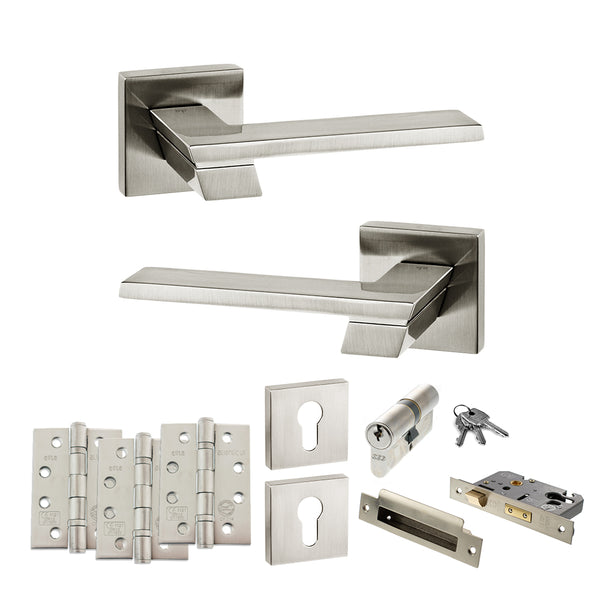 Senza Pari Giovanni Door Handle Pack (Euro Lock Set - 3" CE Sashlock, 4" Fire Rated Hinges x3) - Satin Nickel - ADPSP203SN23 - Choice Handles