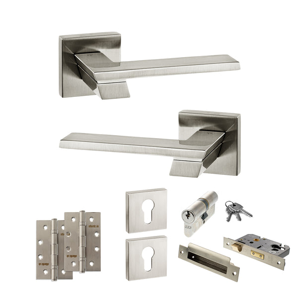 Senza Pari Giovanni Door Handle Pack (Euro Lock Set - 3" CE Sashlock, 4" Slim Knuckle Hinges x2) - Satin Nickel - ADPSP203SN25 - Choice Handles