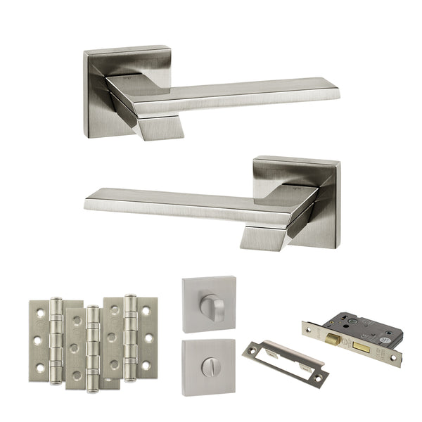 Senza Pari Giovanni Door Handle Pack (Bathroom Set - 2.5" CE Bathroom Lock, 3" Fire Rated Hinges x3) - Satin Nickel - ADPSP203SN8 - Choice Handles