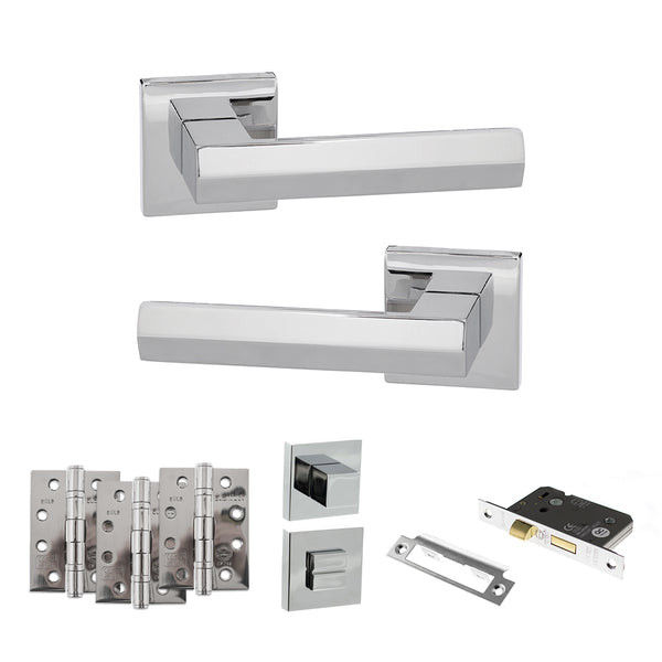 Senza Pari Davoli Door Handle Pack (Bathroom Set - 3" CE Bathroom Lock, 4" Fire Rated Hinges x3) - Polished Chrome - ADPSP216PC11 - Choice Handles