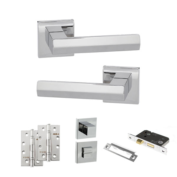 Senza Pari Davoli Door Handle Pack (Bathroom Set - 3" CE Bathroom Lock, 4" Slim Knuckle Hinges x2) - Polished Chrome - ADPSP216PC13 - Choice Handles