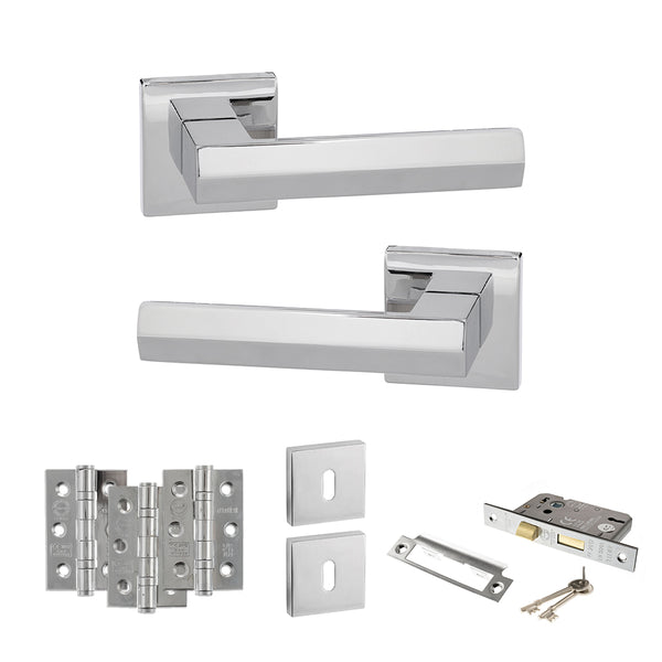 Senza Pari Davoli Door Handle Pack (3 Lever Lock Set - 3" CE Sashlock, 3" Fire Rated Hinges x3) - Polished Chrome - ADPSP216PC15 - Choice Handles