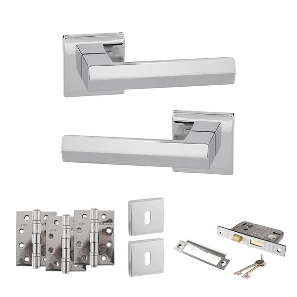 Senza Pari Davoli Door Handle Pack (3 Lever Lock Set - 2.5" CE Sashlock, 4" Fire Rated Hinges x3) - Polished Chrome - ADPSP216PC16 - Choice Handles