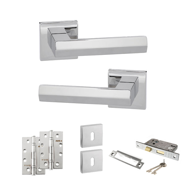 Senza Pari Davoli Door Handle Pack (3 Lever Lock Set - 3" CE Sashlock, 4" Slim Knuckle Hinges x2) - Polished Chrome - ADPSP216PC19 - Choice Handles
